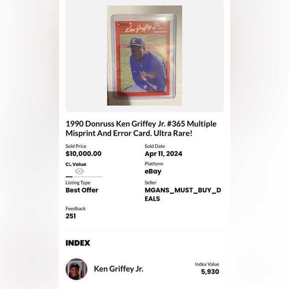 1990 donruss ken griffey jr #365 mint condition error rare - Picture 4 of 6